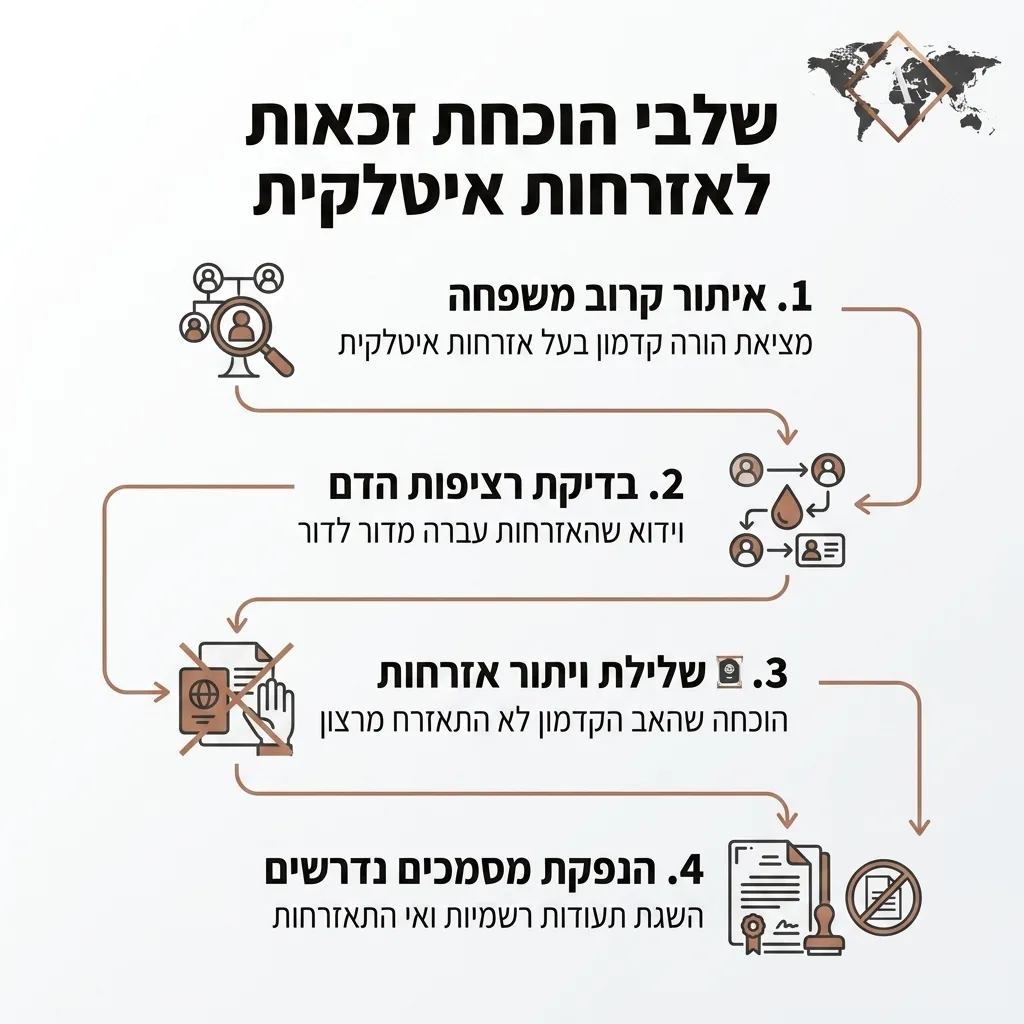 אינפוגרפיקה — שלבי הוכחת זכאות לאזרחות איטלקית: איתור קרוב משפחה, בדיקת רציפות הדם, שלילת ויתור אזרחות, הנפקת מסמכים נדרשים