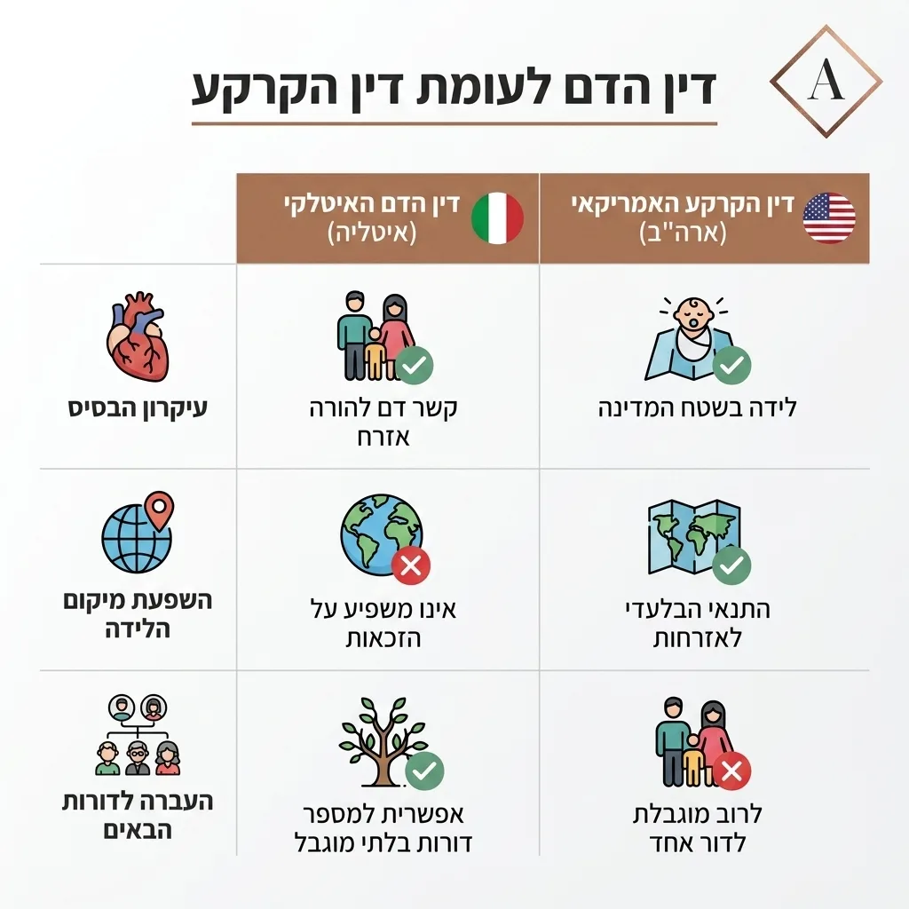 אינפוגרפיקה — דין הדם לעומת דין הקרקע: השוואה בין דין הדם האיטלקי, דין הקרקע האמריקאי