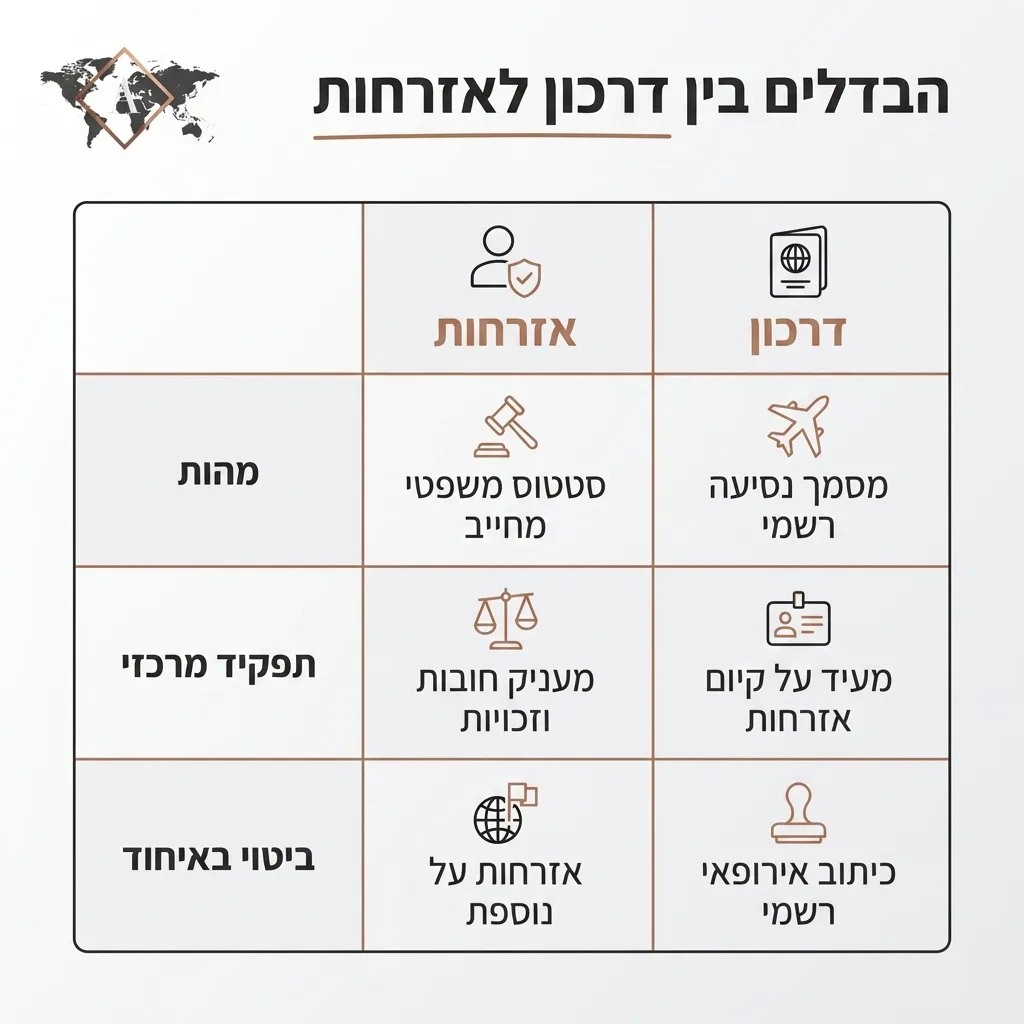 אינפוגרפיקה — הבדלים בין דרכון לאזרחות: השוואה בין אזרחות, דרכון