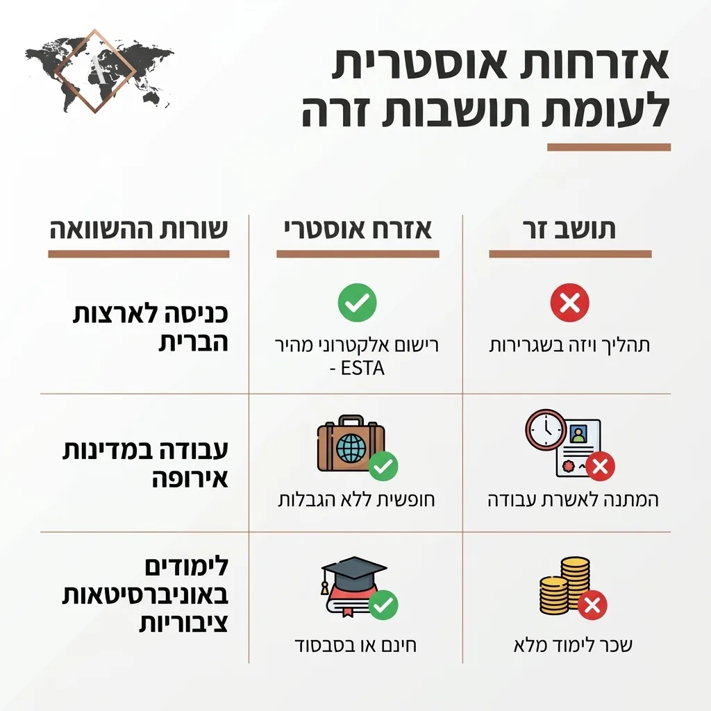 אינפוגרפיקה — אזרחות אוסטרית לעומת תושבות זרה: השוואה בין אזרח אוסטרי, תושב זר