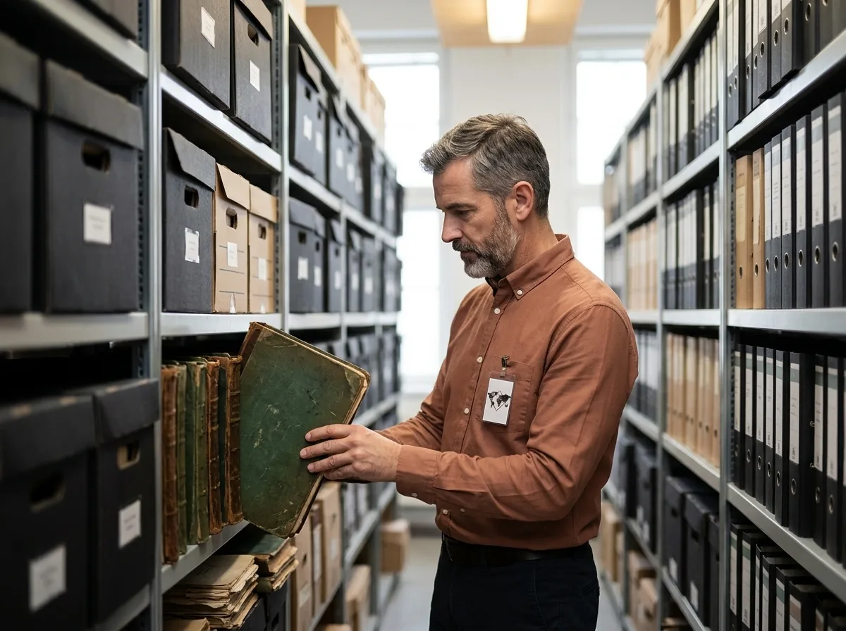צילום ריאליסטי של ארכיון גדול ומואר עם מדפי מתכת עמוסים בקופסאות קרטון שחורות ותיקיות, אדם בחולצה מכופתרת שולף בזהירות תיקיה ישנה