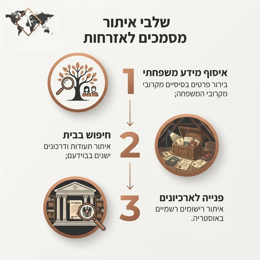 אינפוגרפיקה — שלבי איתור מסמכים לאזרחות: איסוף מידע משפחתי, חיפוש בבית, פנייה לארכיונים