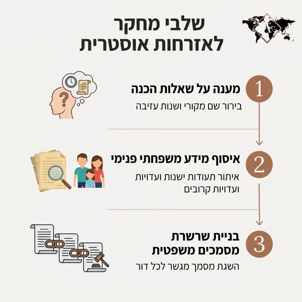 אינפוגרפיקה — שלבי מחקר לאזרחות אוסטרית: מענה על שאלות הכנה, איסוף מידע משפחתי פנימי, בניית שרשרת מסמכים משפטית