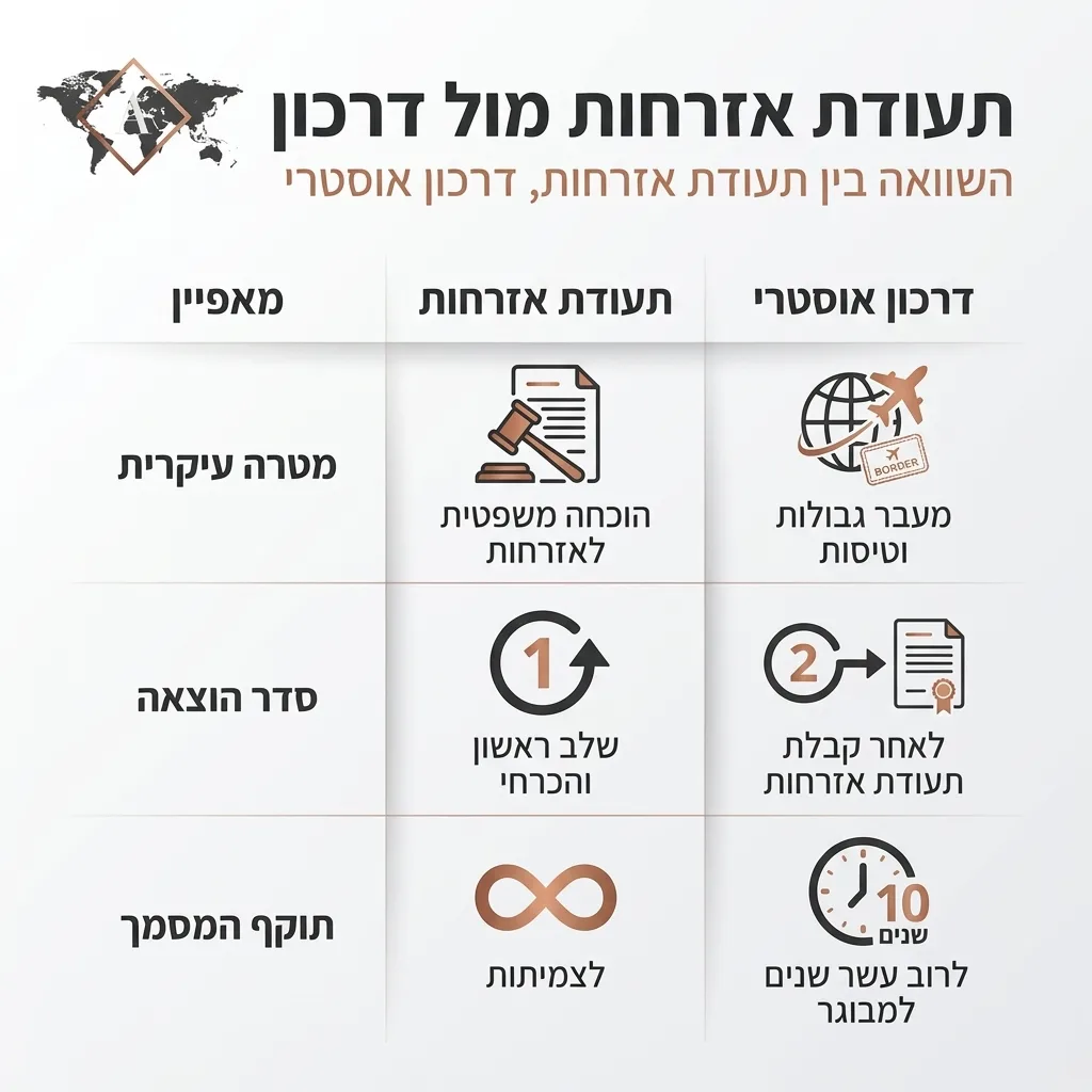 אינפוגרפיקה — תעודת אזרחות מול דרכון: השוואה בין תעודת אזרחות, דרכון אוסטרי