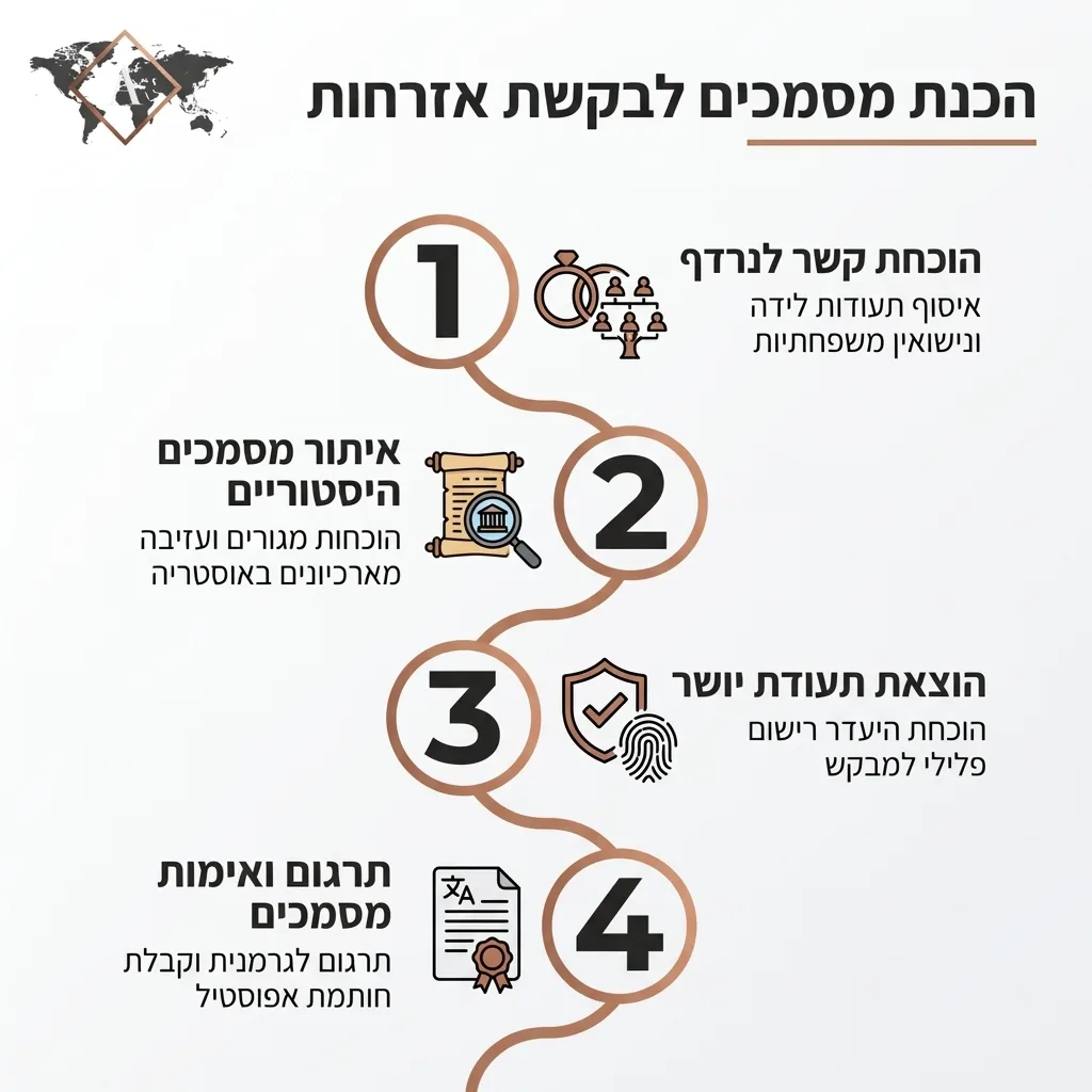 אינפוגרפיקה — הכנת מסמכים לבקשת אזרחות: הוכחת קשר לנרדף, איתור מסמכים היסטוריים, הוצאת תעודת יושר, תרגום ואימות מסמכים