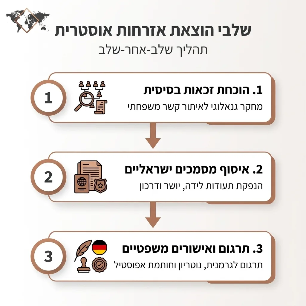 אינפוגרפיקה — שלבי הוצאת אזרחות אוסטרית: הוכחת זכאות בסיסית, איסוף מסמכים ישראליים, תרגום ואישורים משפטיים