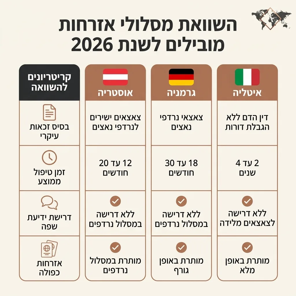 אינפוגרפיקה — השוואת מסלולי אזרחות מובילים לשנת 2026: השוואה בין אוסטריה, גרמניה, איטליה
