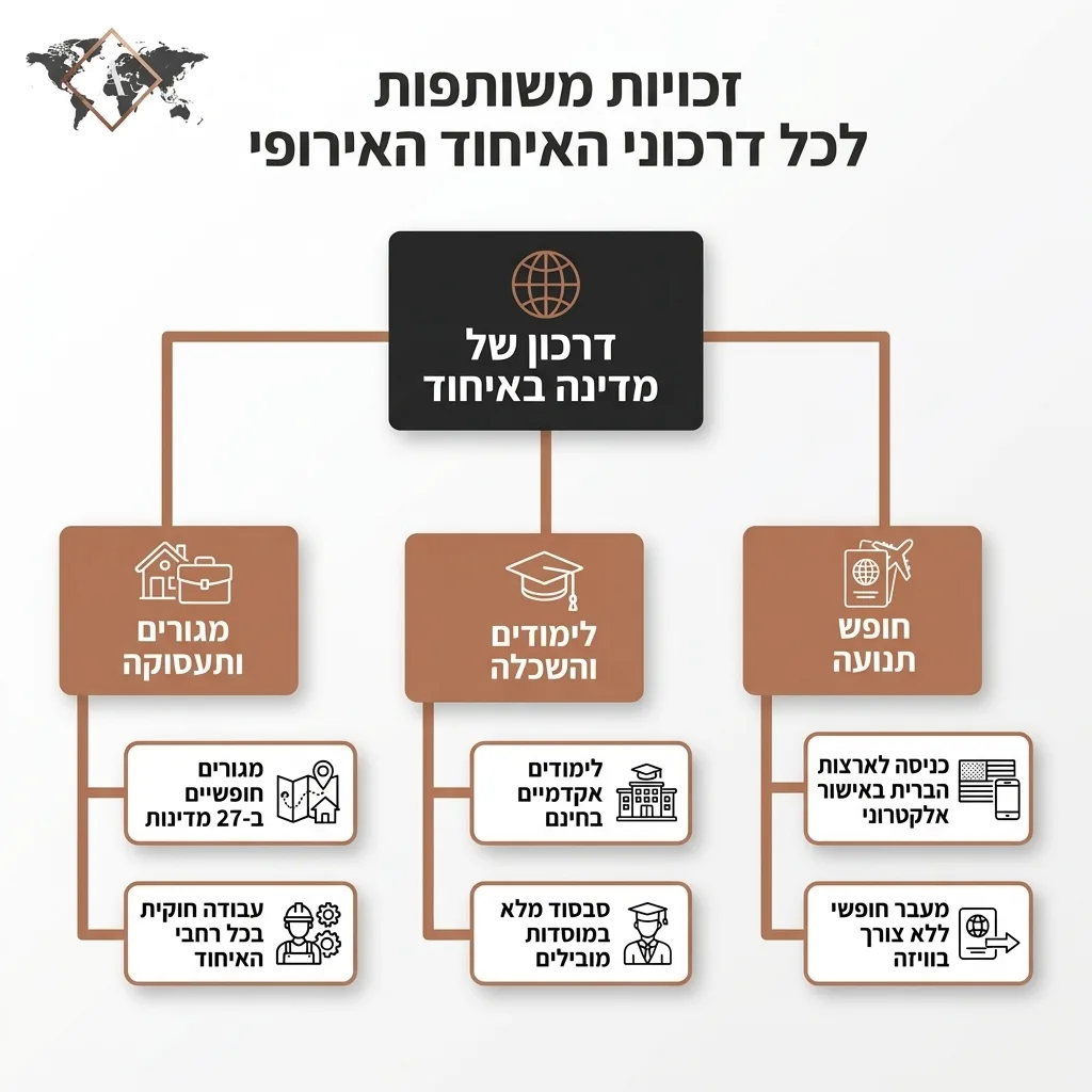 אינפוגרפיקה — זכויות משותפות לכל דרכוני האיחוד האירופי: דרכון של מדינה באיחוד