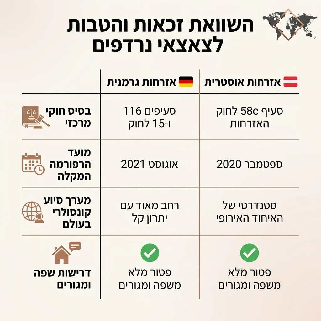 אינפוגרפיקה — השוואת זכאות והטבות לצאצאי נרדפים: השוואה בין אזרחות גרמנית, אזרחות אוסטרית