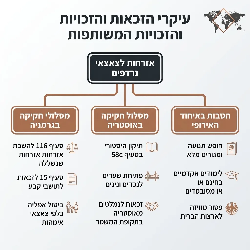 אינפוגרפיקה — עיקרי הזכאות והזכויות המשותפות: אזרחות לצאצאי נרדפים